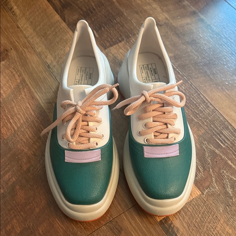 Melissa Teal and White Sneakers with Peach Laces
